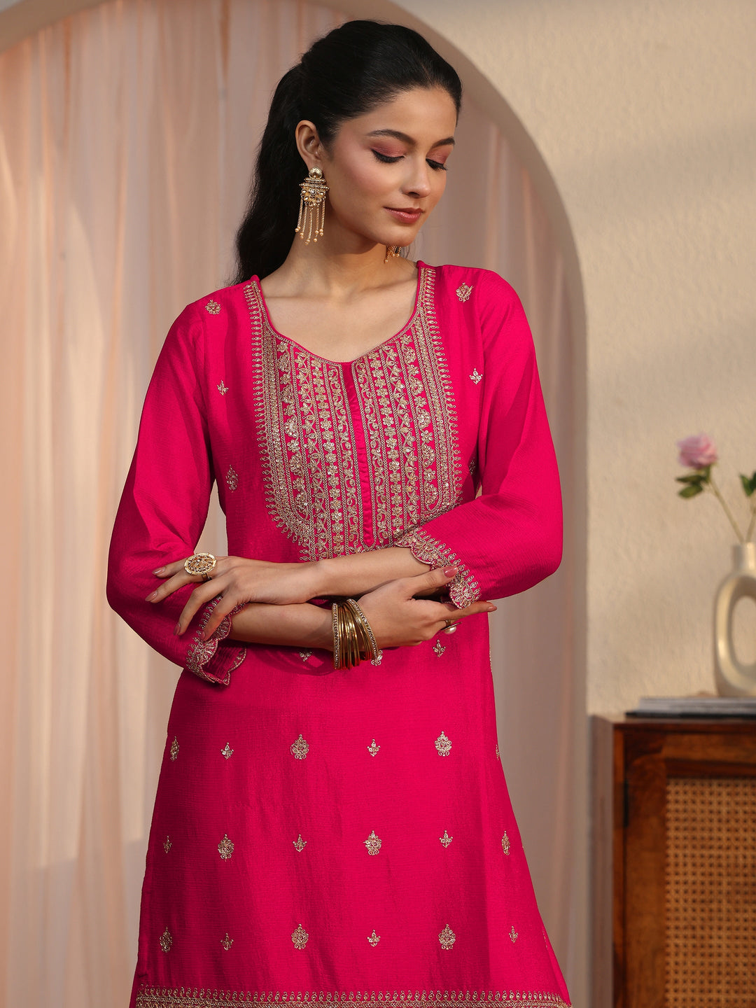 Libas Pink Ethnic Embroidered Chinon Palazzo Suit Set