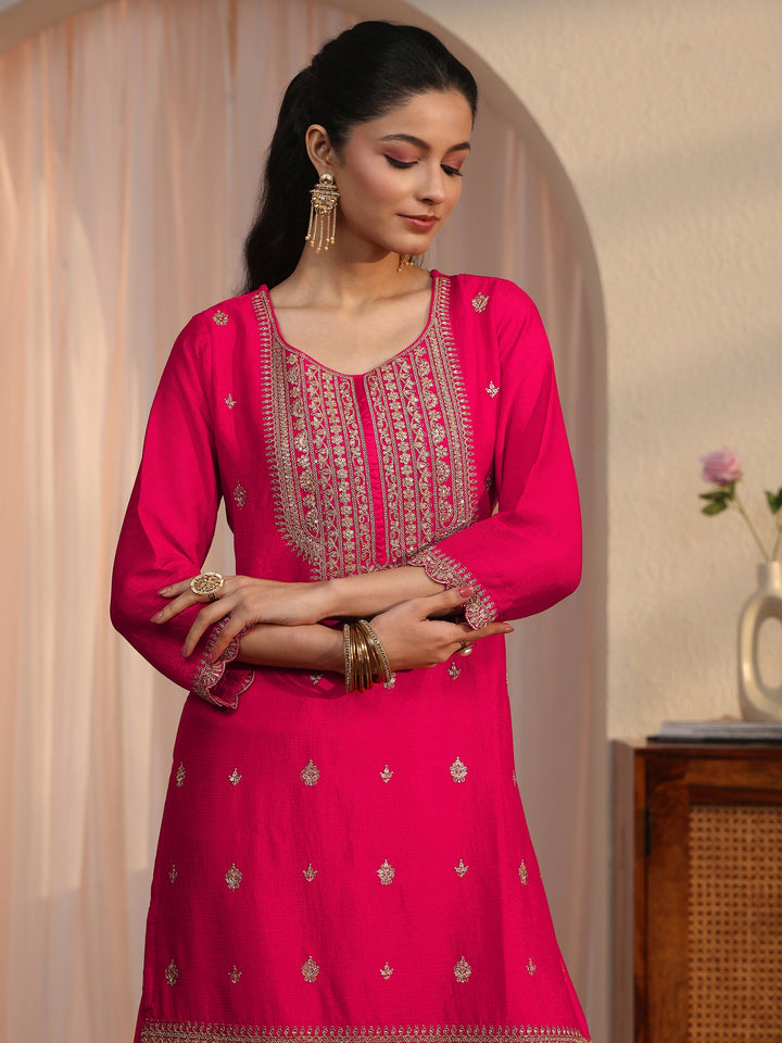 Libas Pink Ethnic Embroidered Chinon Palazzo Suit Set
