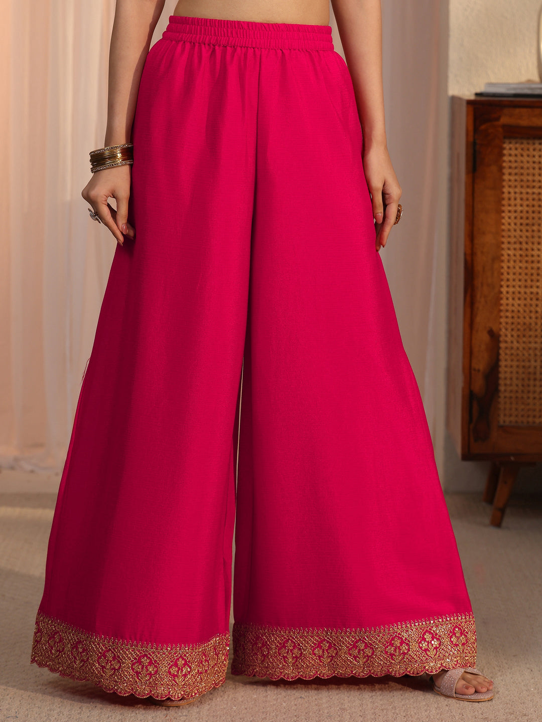 Libas Pink Ethnic Embroidered Chinon Palazzo Suit Set