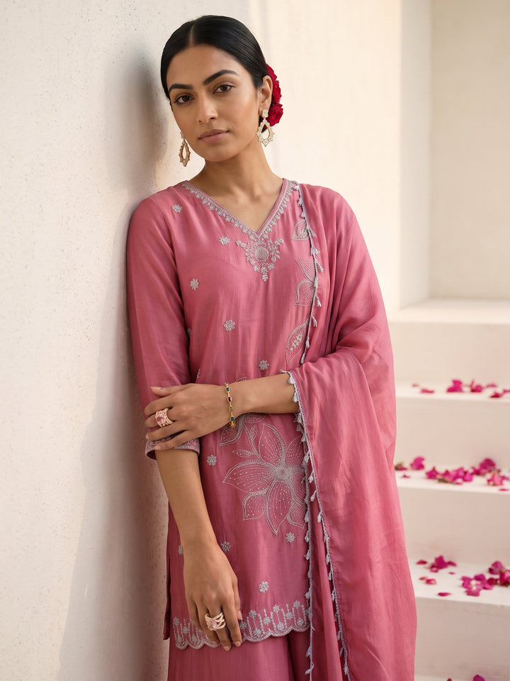 Libas Pink Floral Embellished Chinon Palazzo Suit Set