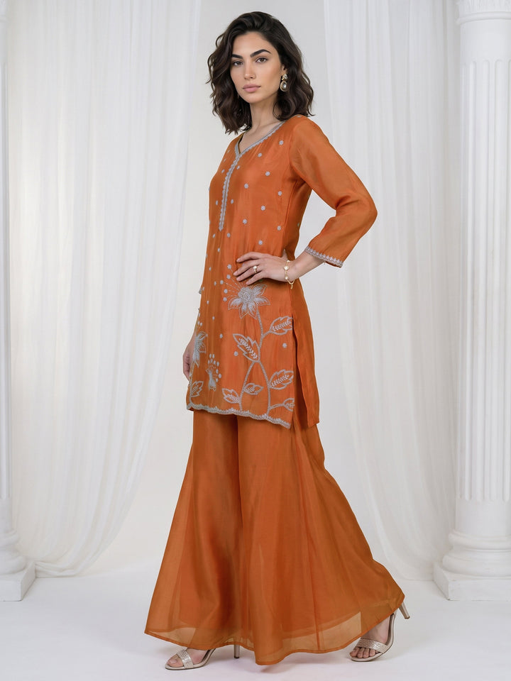 Libas Orange Floral Embellished Chinon Palazzo Suit Set