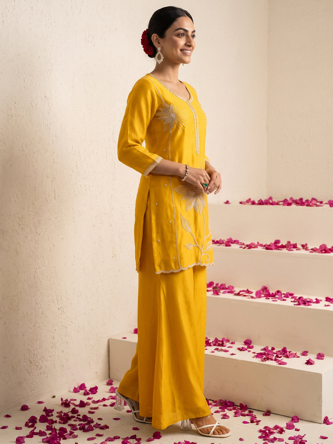 Libas Mustard Floral Embellished Chinon Palazzo Suit Set