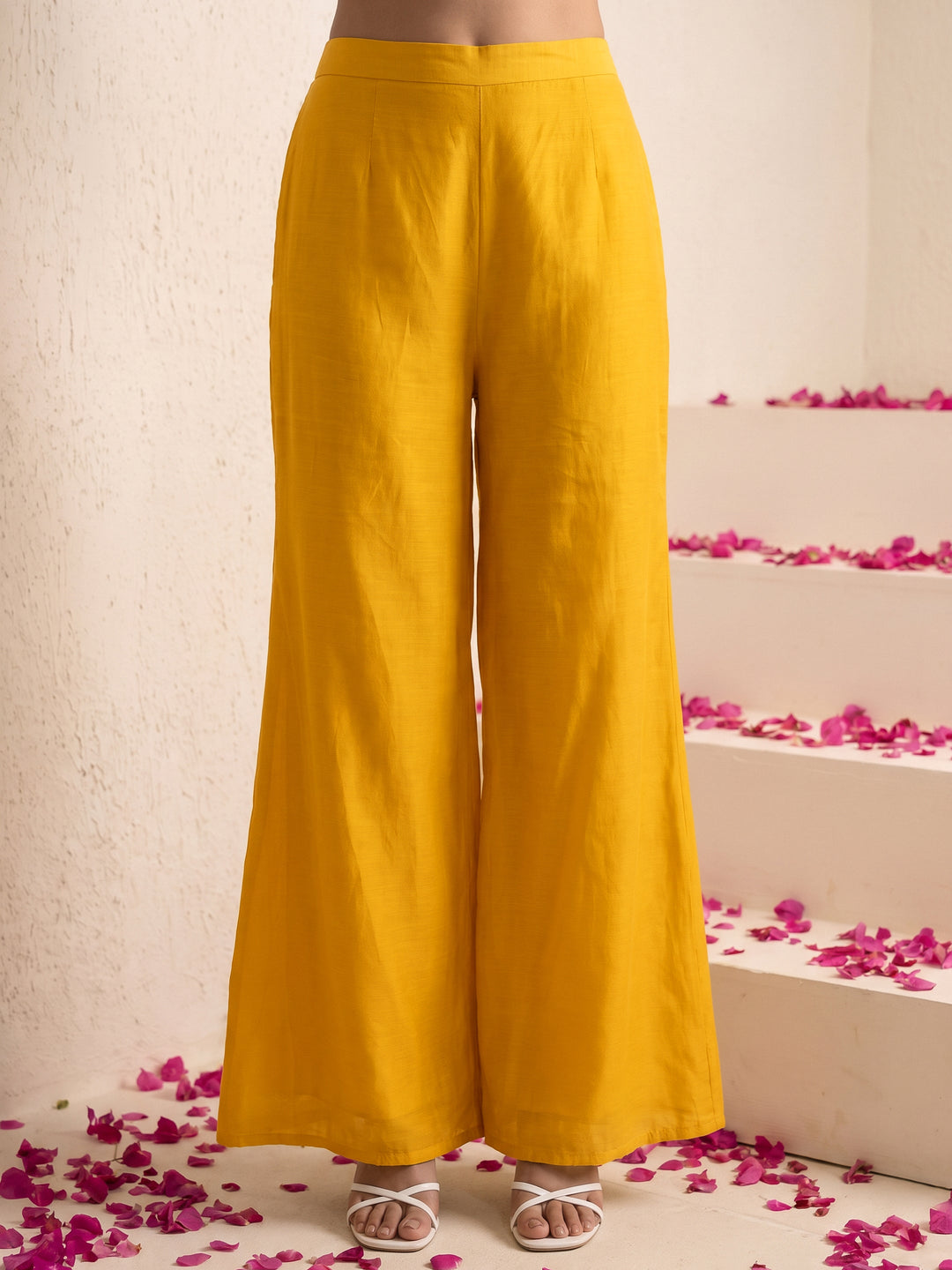 Libas Mustard Floral Embellished Chinon Palazzo Suit Set