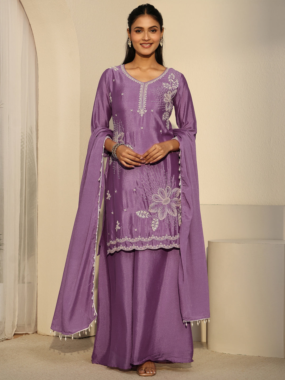 Libas Lavender Floral Embellished Chinon Palazzo Suit Set