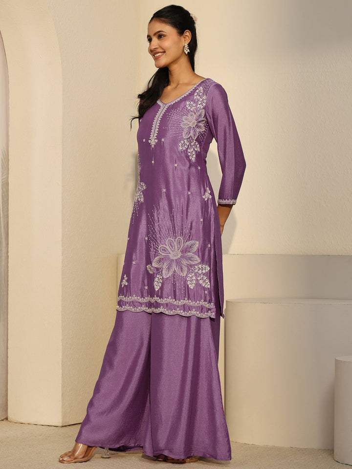 Libas Lavender Floral Embellished Chinon Palazzo Suit Set