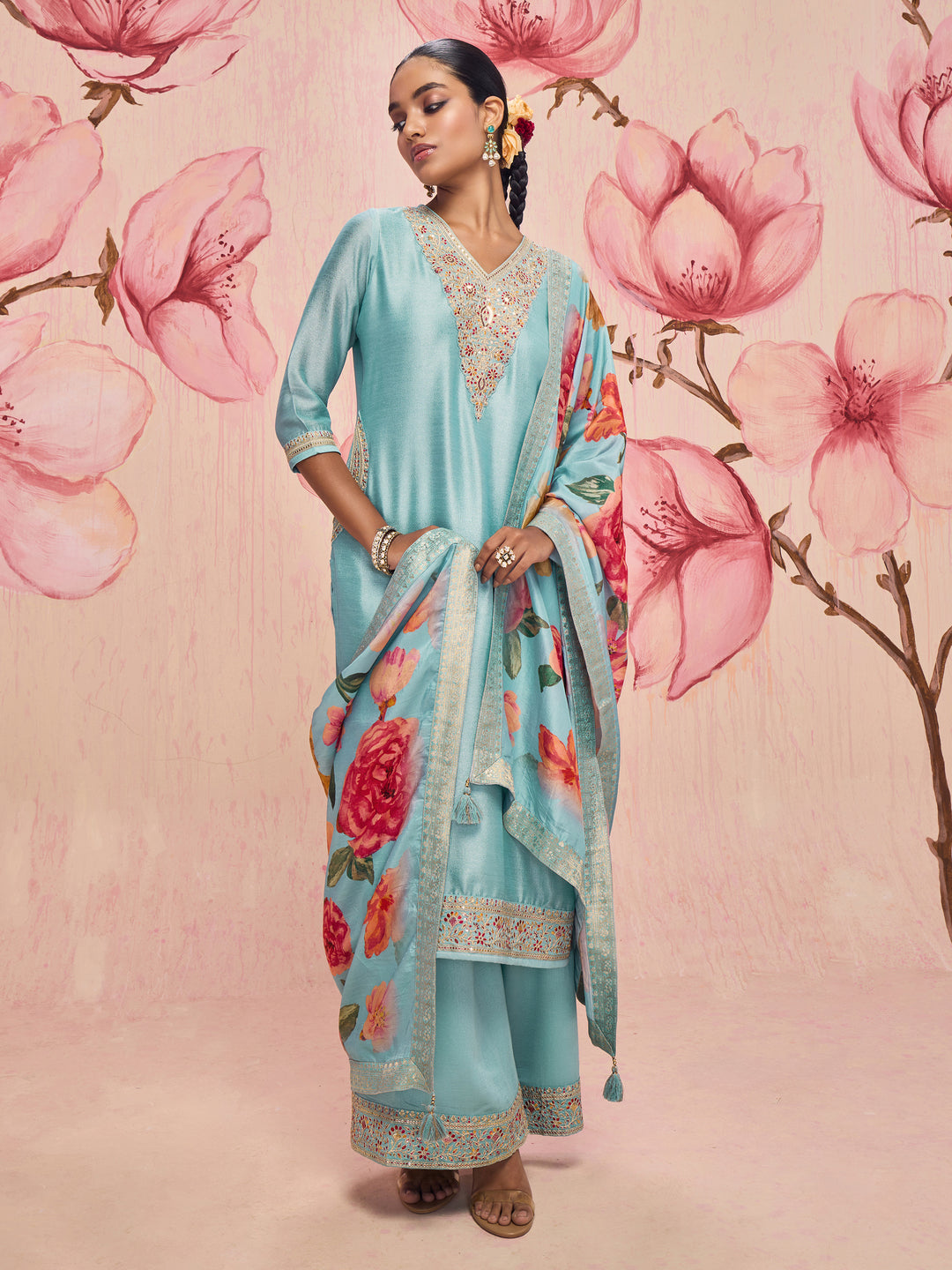 Libas Mridula Blue Embroidered Silk Blend Straight Suit Set With Printed Dupatta