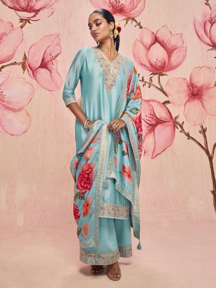Libas Mridula Blue Embellished Silk Blend Straight Suit Set