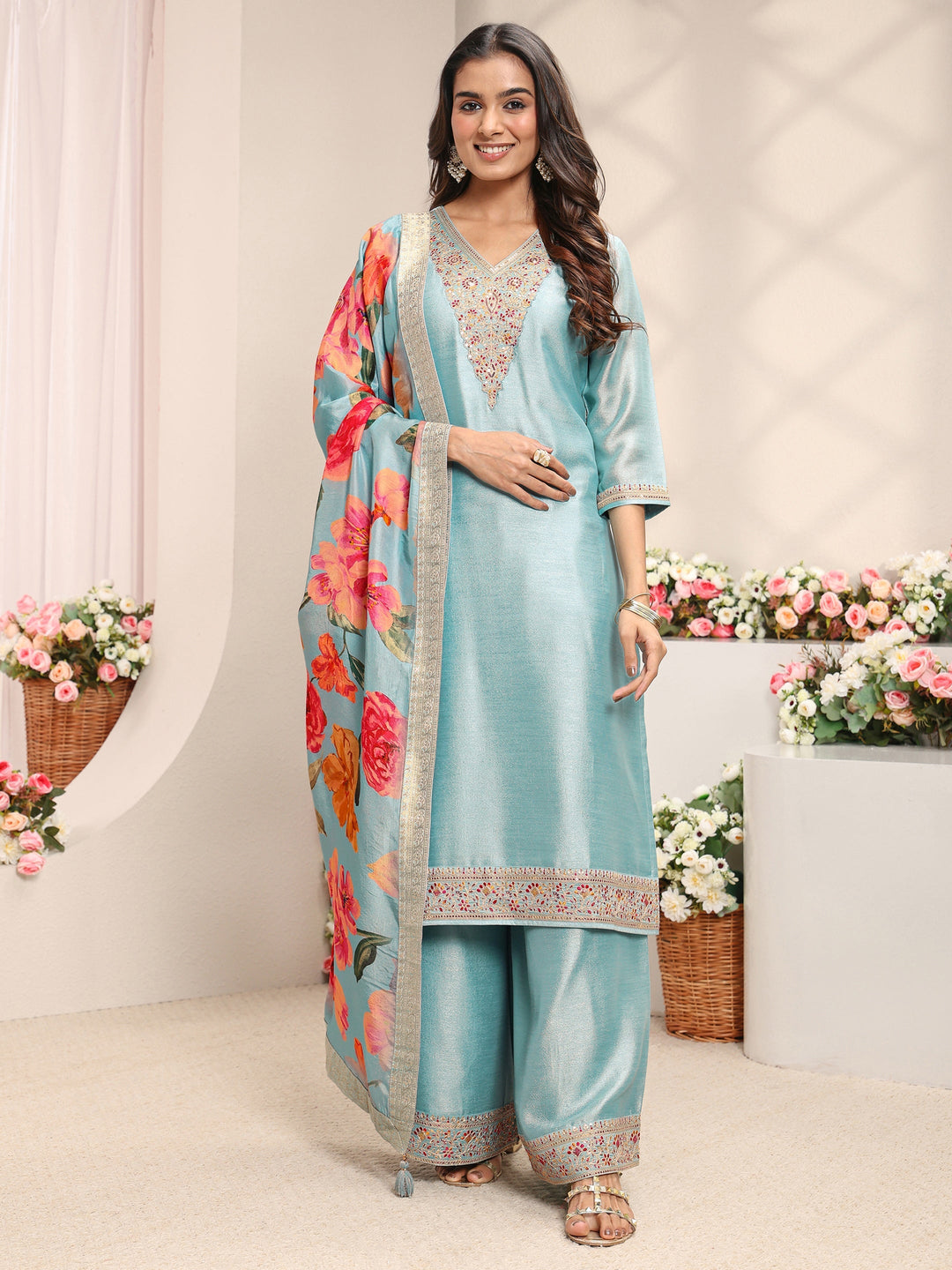 Blue Embroidered Silk Blend Straight Suit Set With Printed Dupatta
