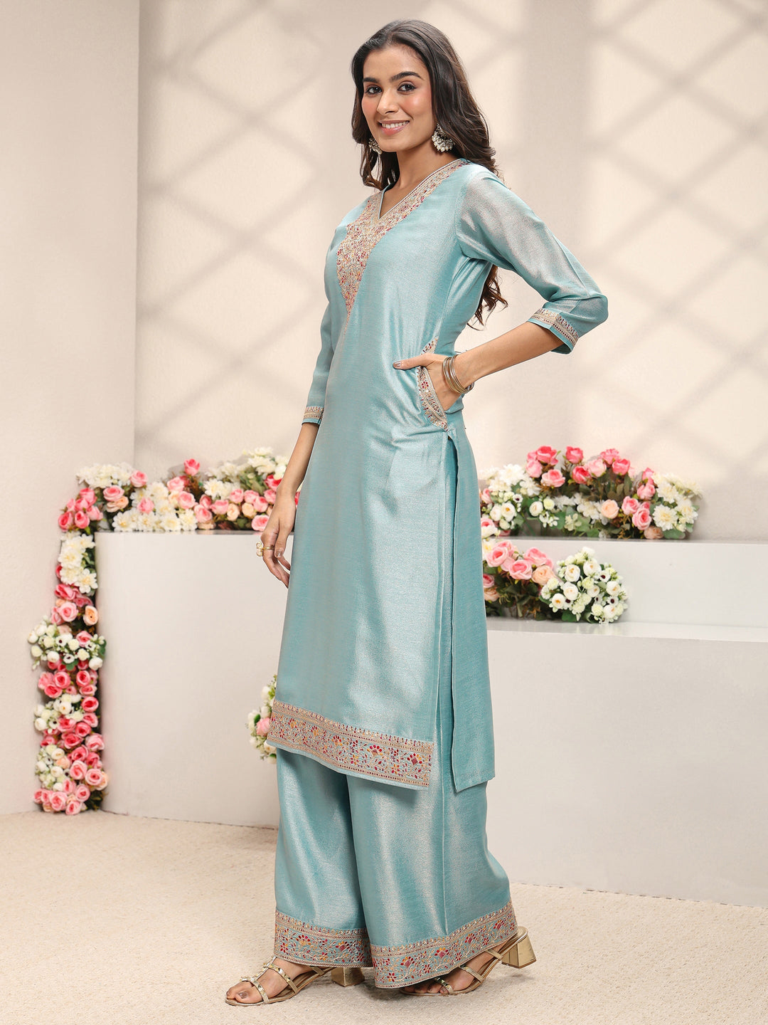 Blue Embroidered Silk Blend Straight Suit Set With Printed Dupatta