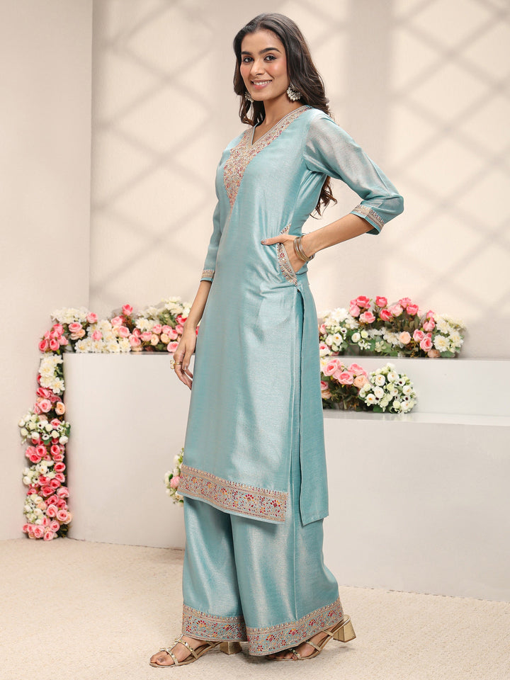 Blue Embroidered Silk Blend Straight Suit Set With Printed Dupatta