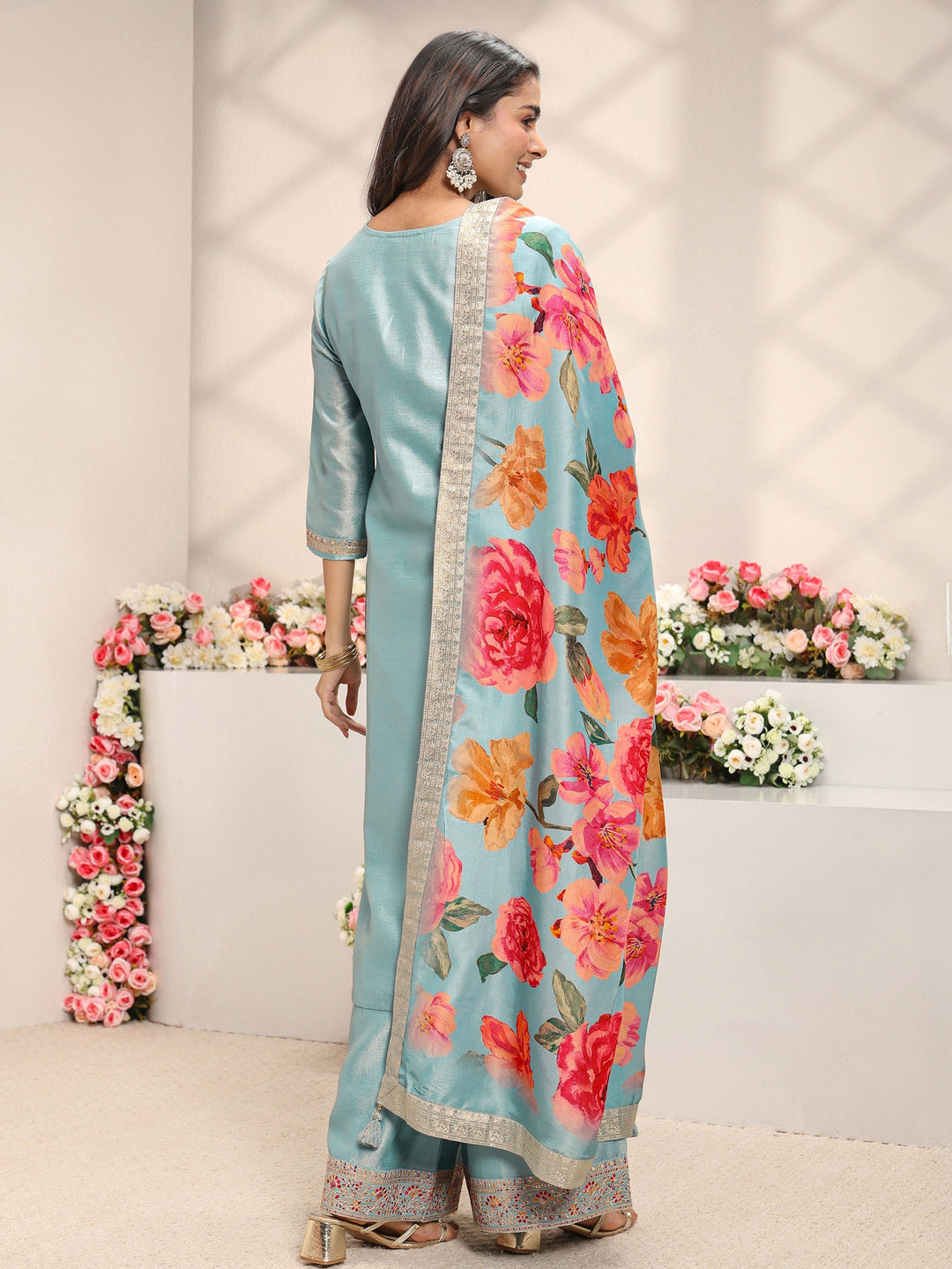 Blue Embroidered Silk Blend Straight Suit Set With Printed Dupatta