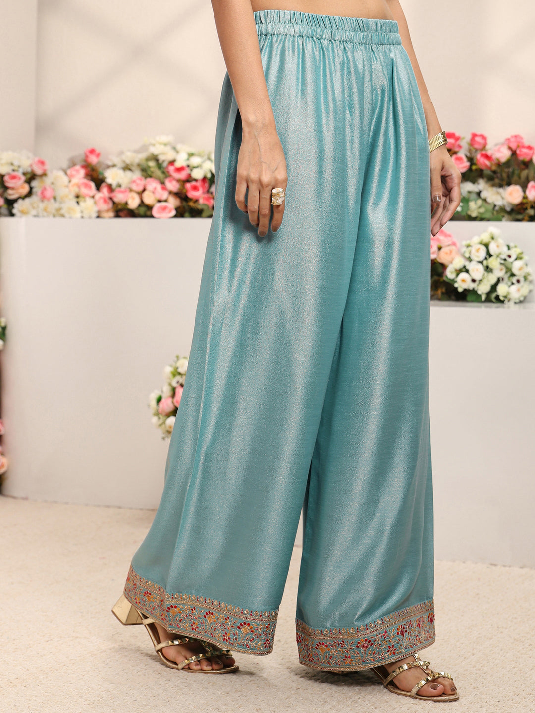 Blue Embroidered Silk Blend Straight Suit Set With Printed Dupatta