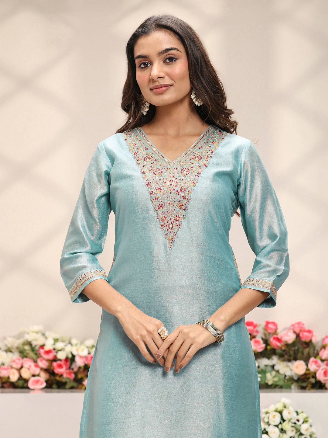 Blue Embroidered Silk Blend Straight Suit Set With Printed Dupatta