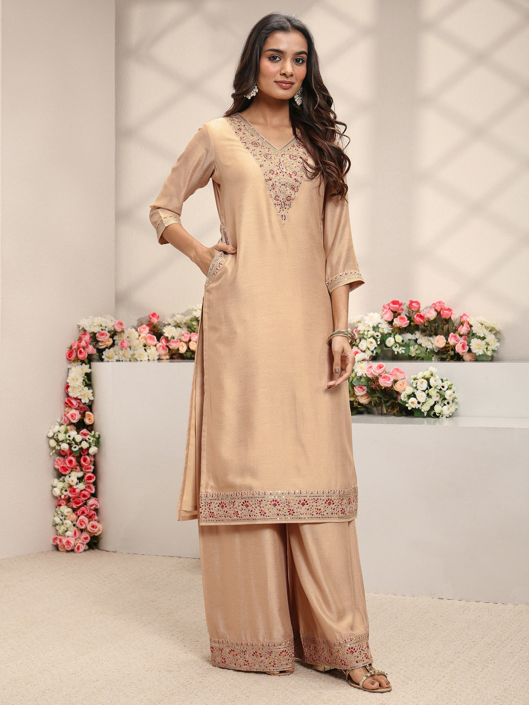 Beige Embroidered Silk Blend Straight Suit Set With Printed Dupatta