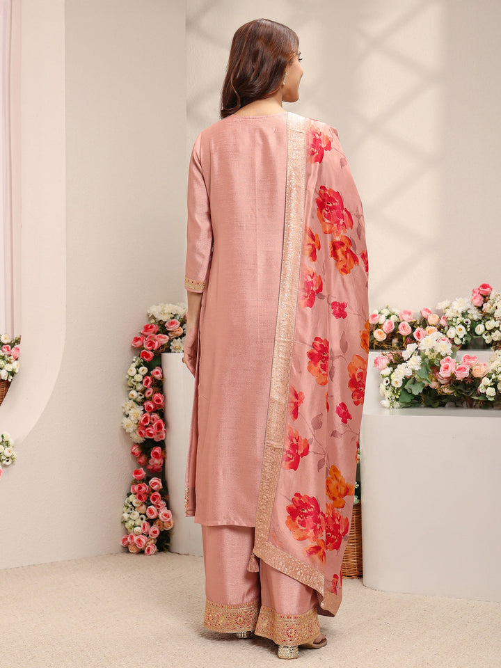 Peach Embroidered Silk Blend Straight Suit Set With Printed Dupatta