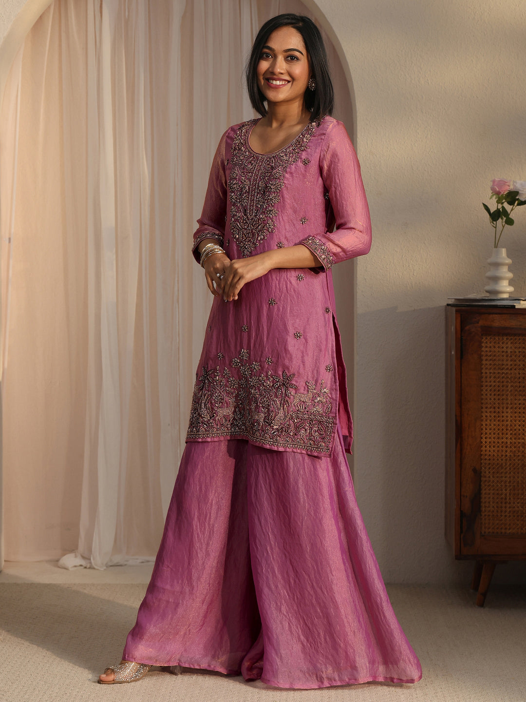 Libas Lavender Floral Embellished Tissue Palazzo Suit Set