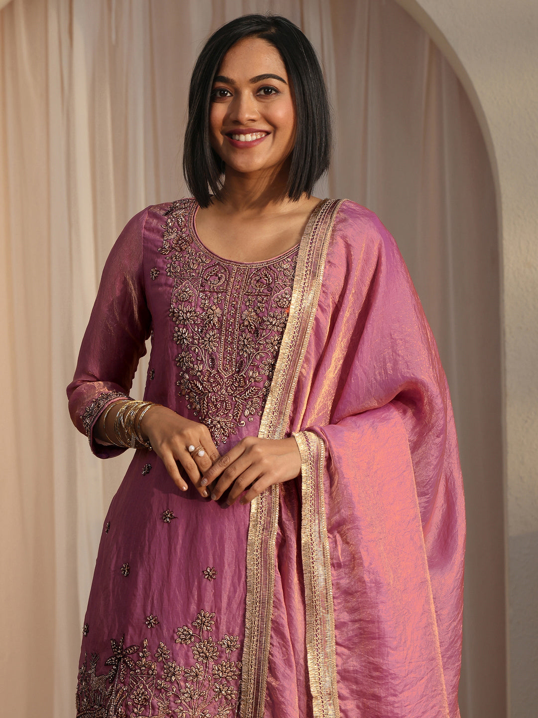 Libas Lavender Floral Embellished Tissue Palazzo Suit Set