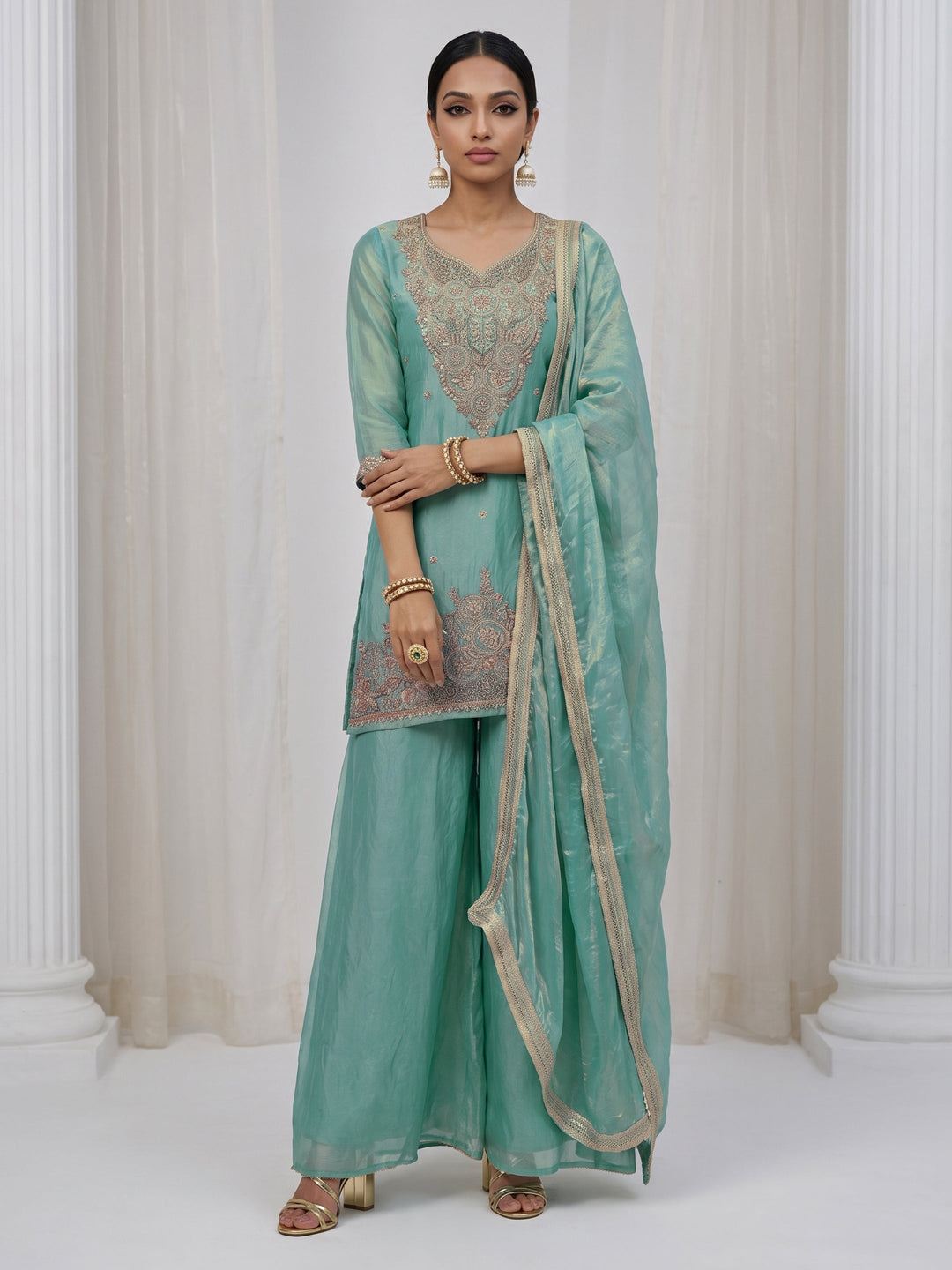 Libas Aqua Blue Floral Embellished Tissue Palazzo Suit Set