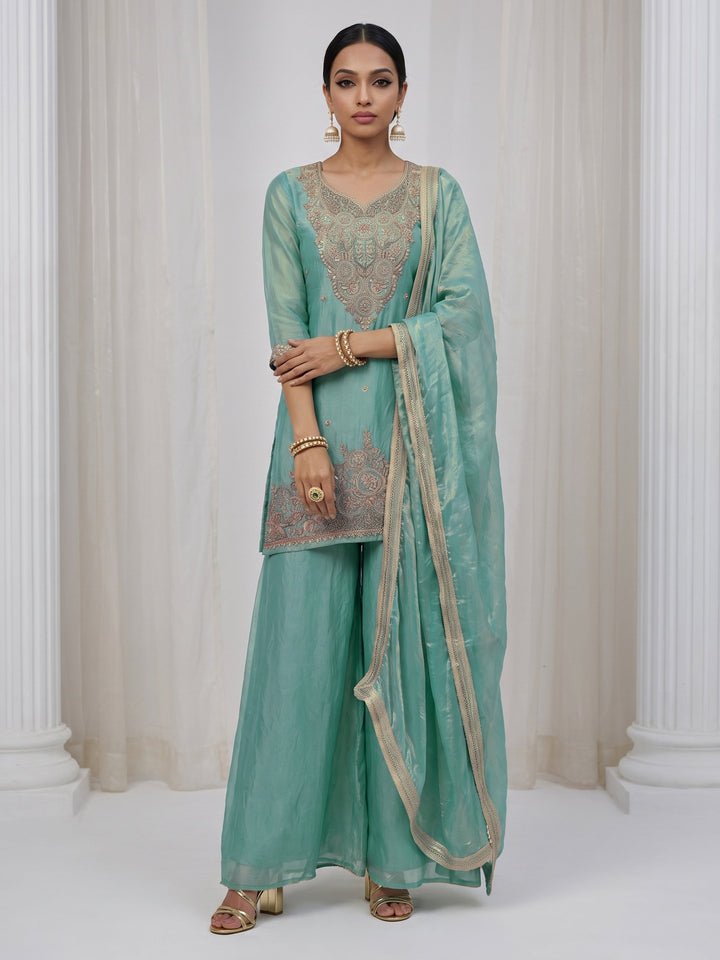 Libas Aqua Blue Floral Embellished Tissue Palazzo Suit Set