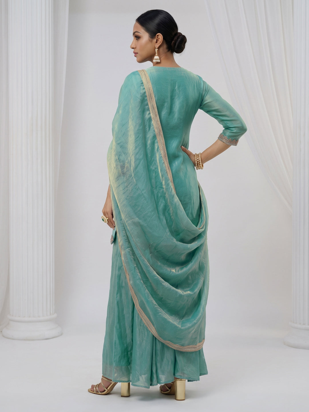 Libas Aqua Blue Floral Embellished Tissue Palazzo Suit Set