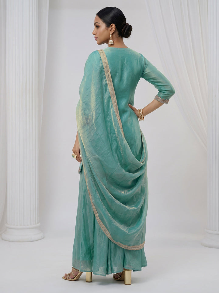 Libas Aqua Blue Floral Embellished Tissue Palazzo Suit Set