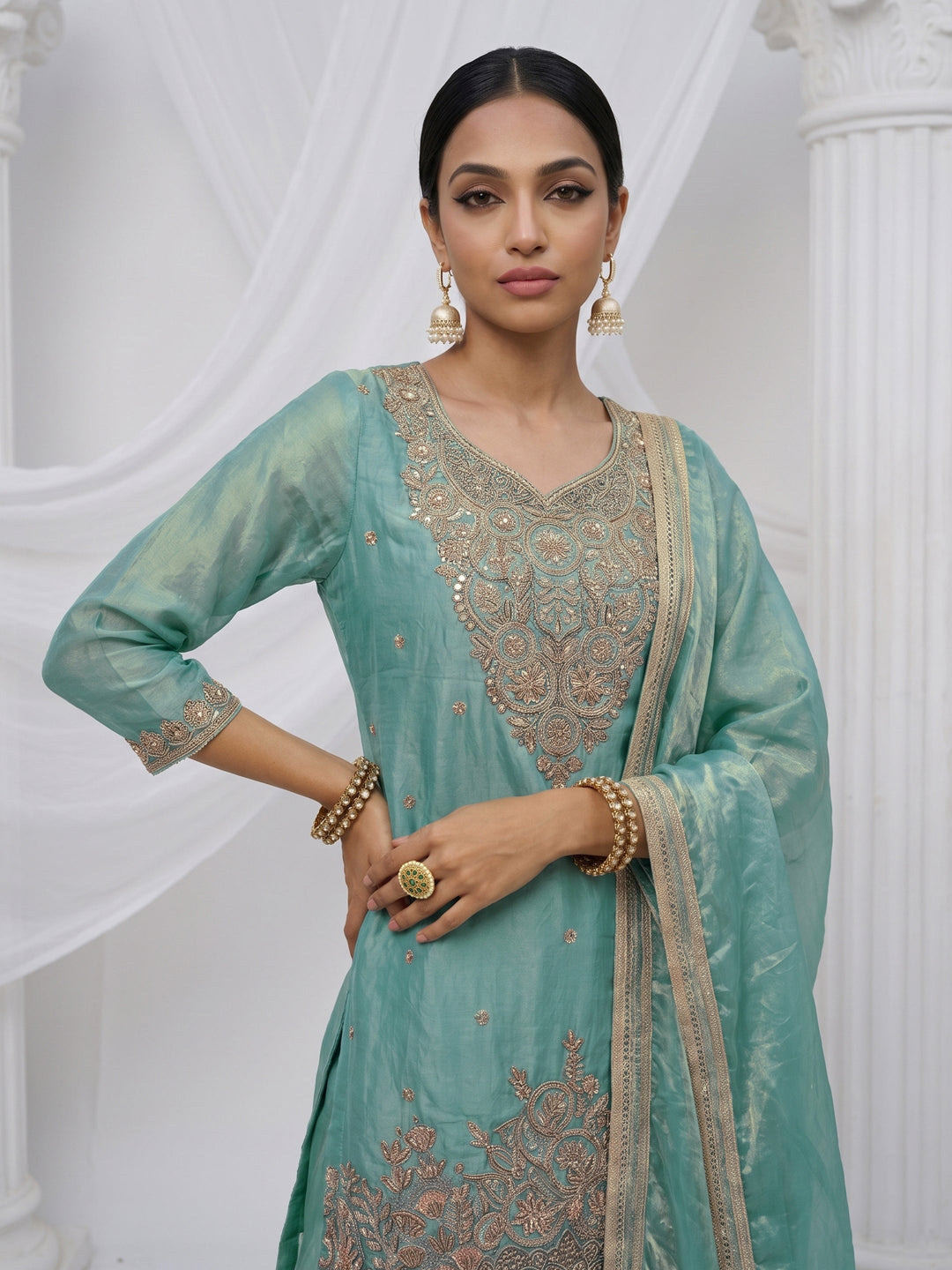 Libas Aqua Blue Floral Embellished Tissue Palazzo Suit Set