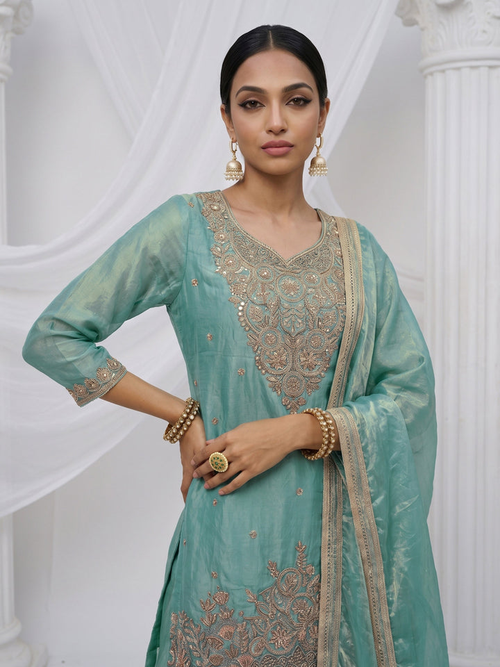 Libas Aqua Blue Floral Embellished Tissue Palazzo Suit Set