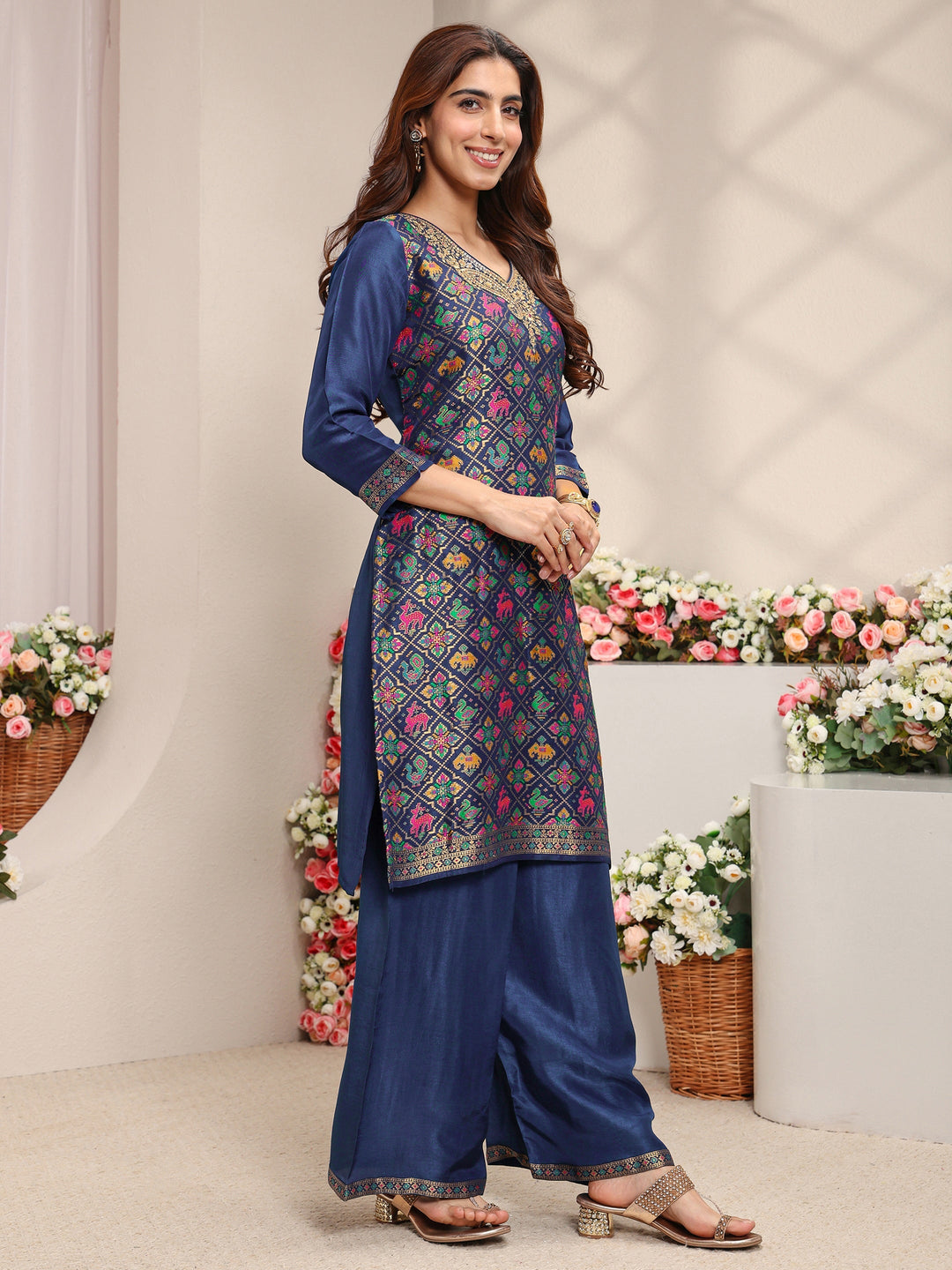 Libas Art Blue Patola Woven Design Silk Blend Straight Suit Set With Dupatta