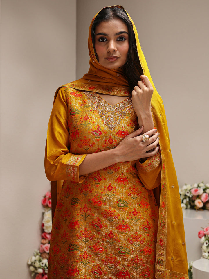 Libas Art Mustard Patola Woven Design Silk Blend Straight Suit Set With Dupatta