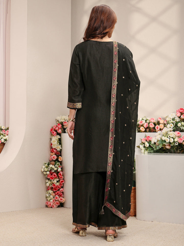 Libas Art Black Patola Woven Design Silk Blend Straight Suit Set With Dupatta