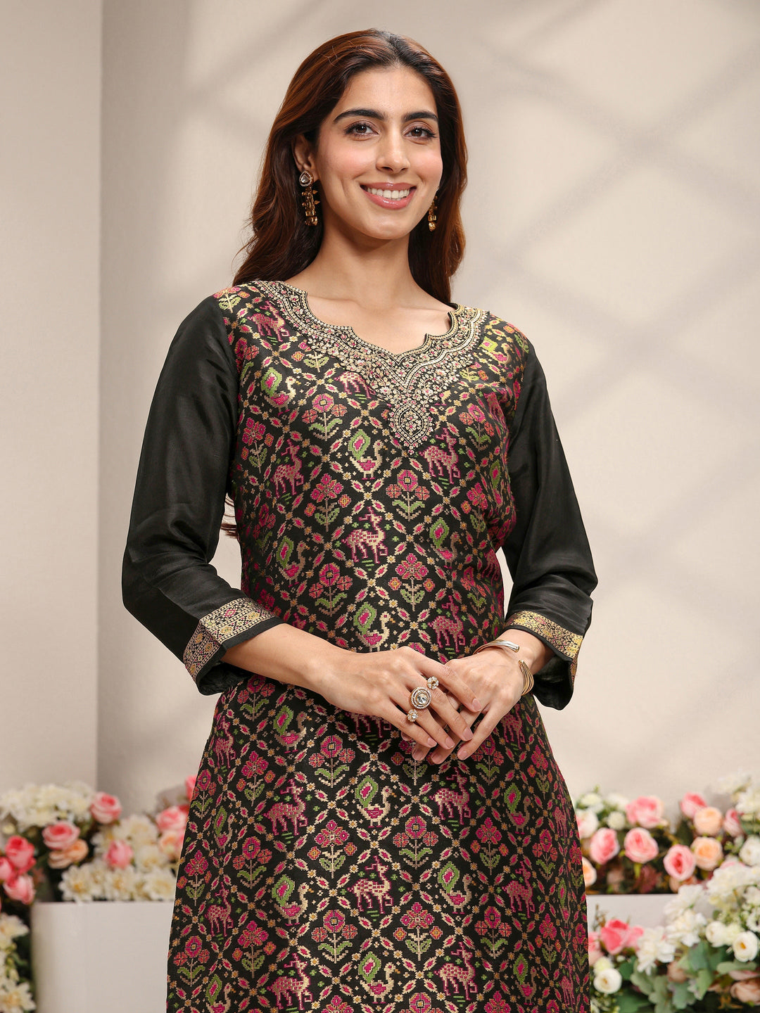 Libas Art Black Patola Woven Design Silk Blend Straight Suit Set With Dupatta