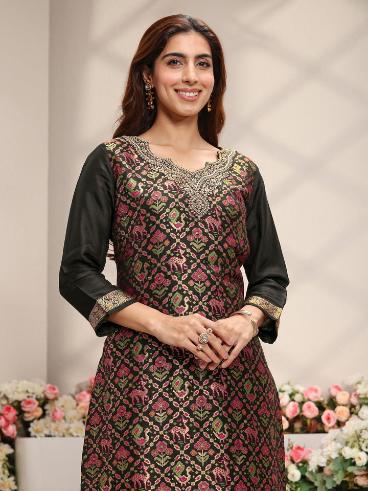 Libas Art Black Patola Woven Design Silk Blend Straight Suit Set With Dupatta