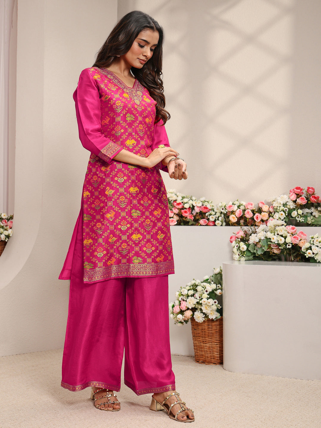 Libas Art Pink Patola Woven Design Silk Blend Straight Suit Set With Dupatta