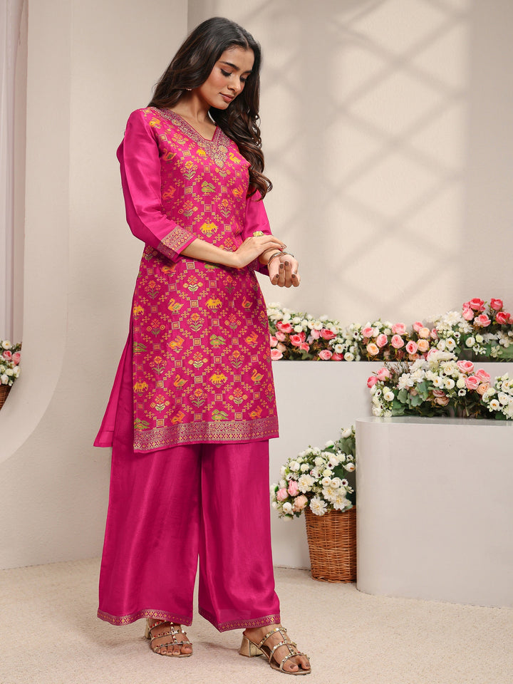 Libas Art Pink Patola Woven Design Silk Blend Straight Suit Set With Dupatta