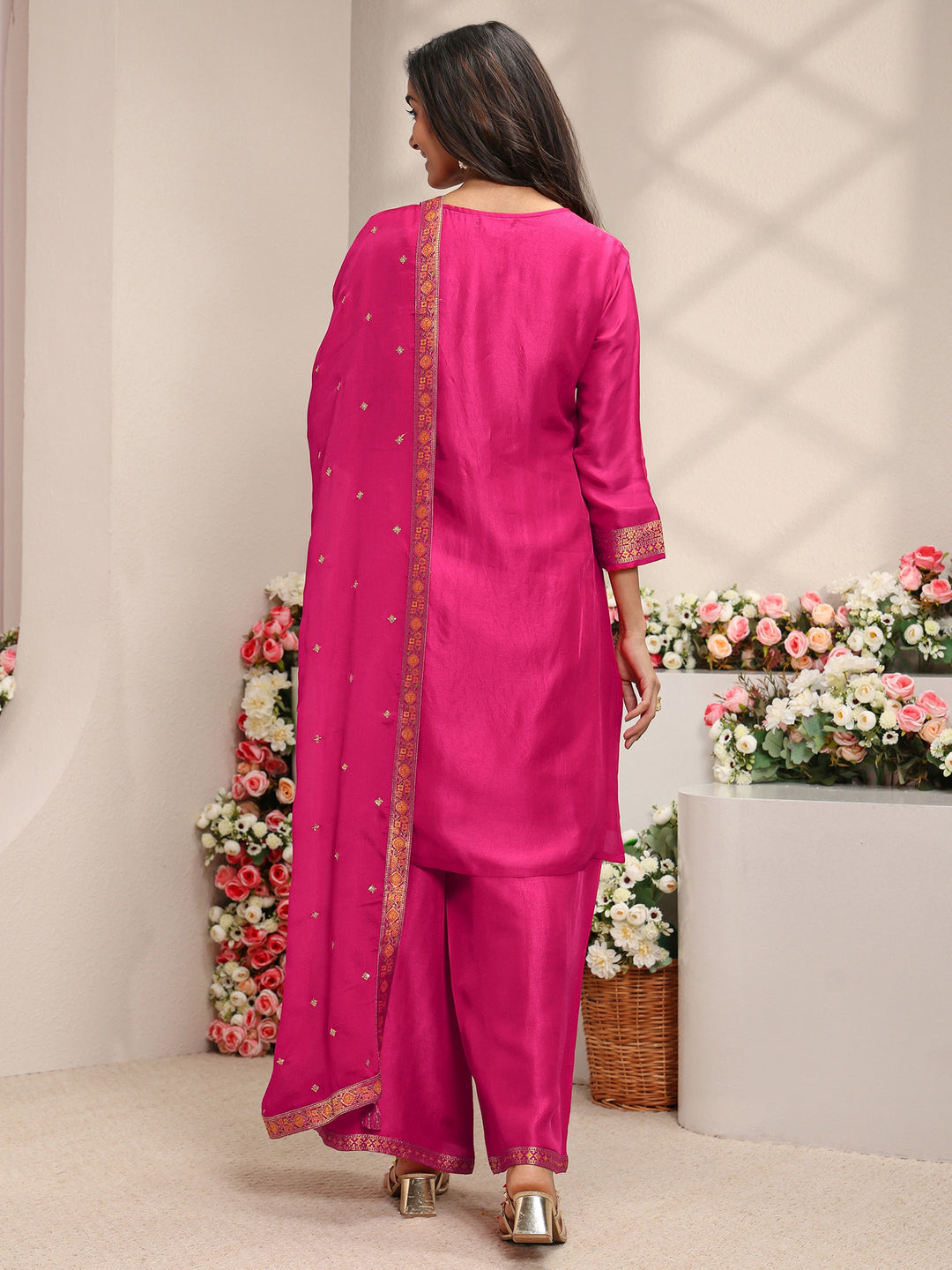 Libas Art Pink Patola Woven Design Silk Blend Straight Suit Set With Dupatta