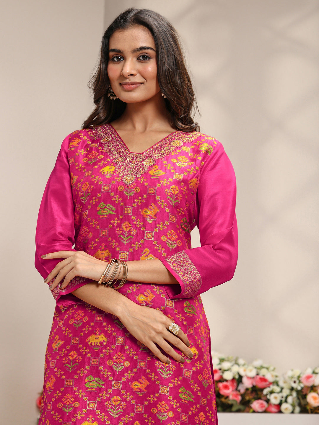 Libas Art Pink Patola Woven Design Silk Blend Straight Suit Set With Dupatta