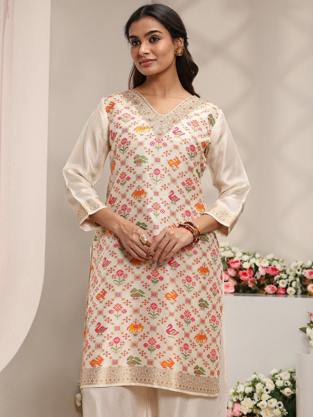 Libas Art Ivory Floral Woven Design Silk Blend Straight Suit Set With Dupatta