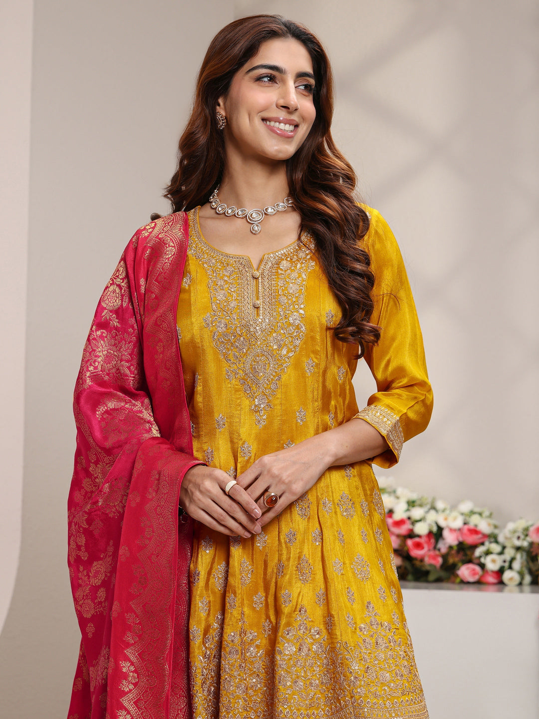 Libas Art Mustard Embroidered Silk Blend A-Line Suit Set With Printed Dupatta