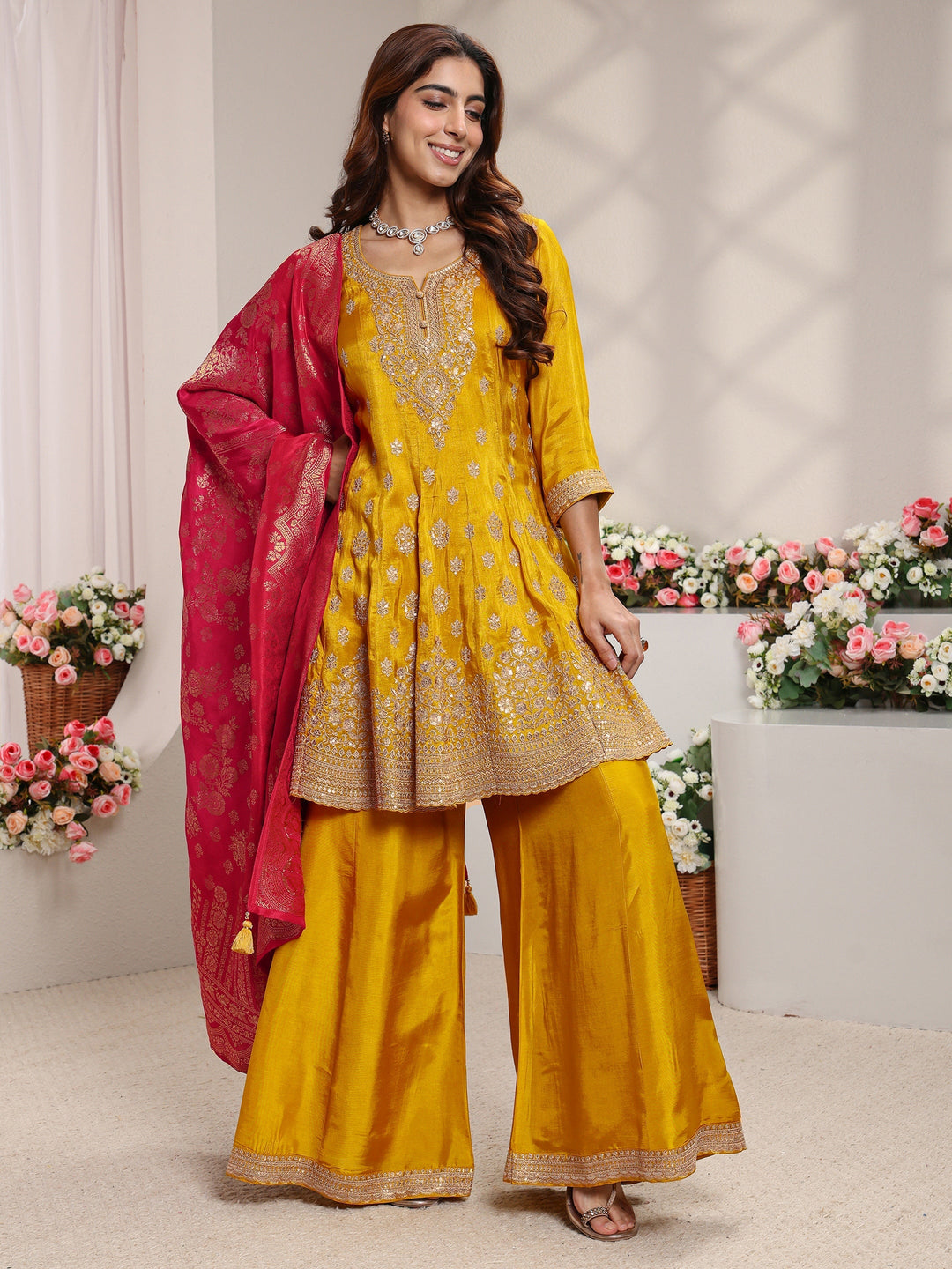 Libas Art Mustard Embroidered Silk Blend A-Line Suit Set With Printed Dupatta