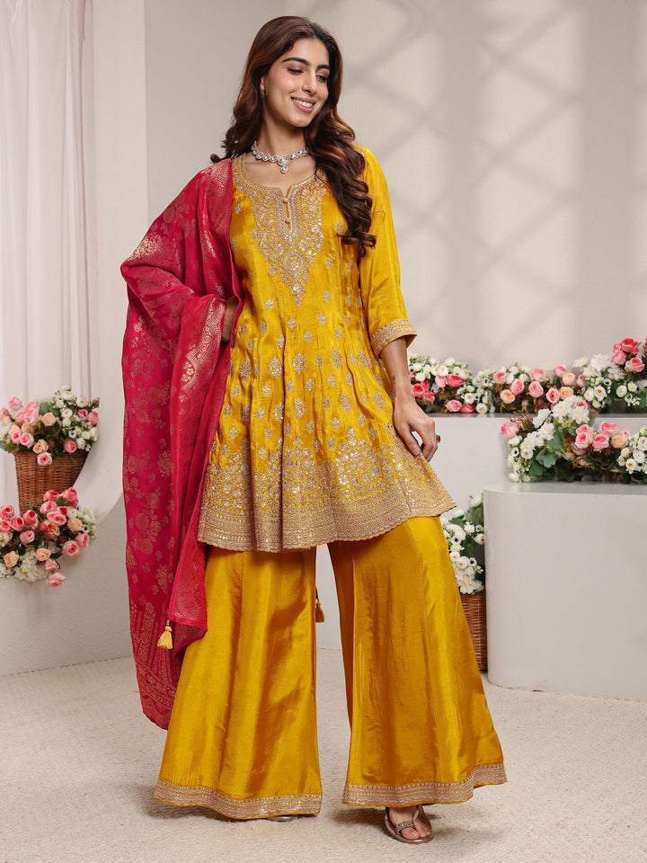 Libas Art Mustard Embroidered Silk Blend A-Line Suit Set With Printed Dupatta