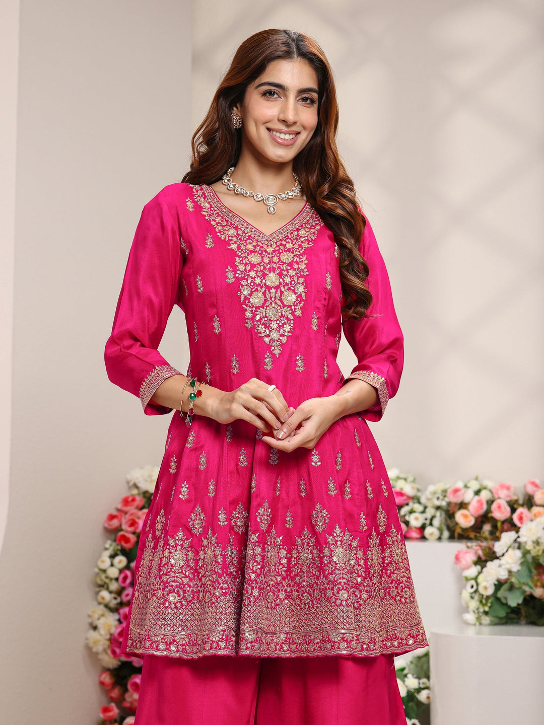 Libas Art Pink Floral Embroidered Silk Blend A-Line Suit Set With Dupatta
