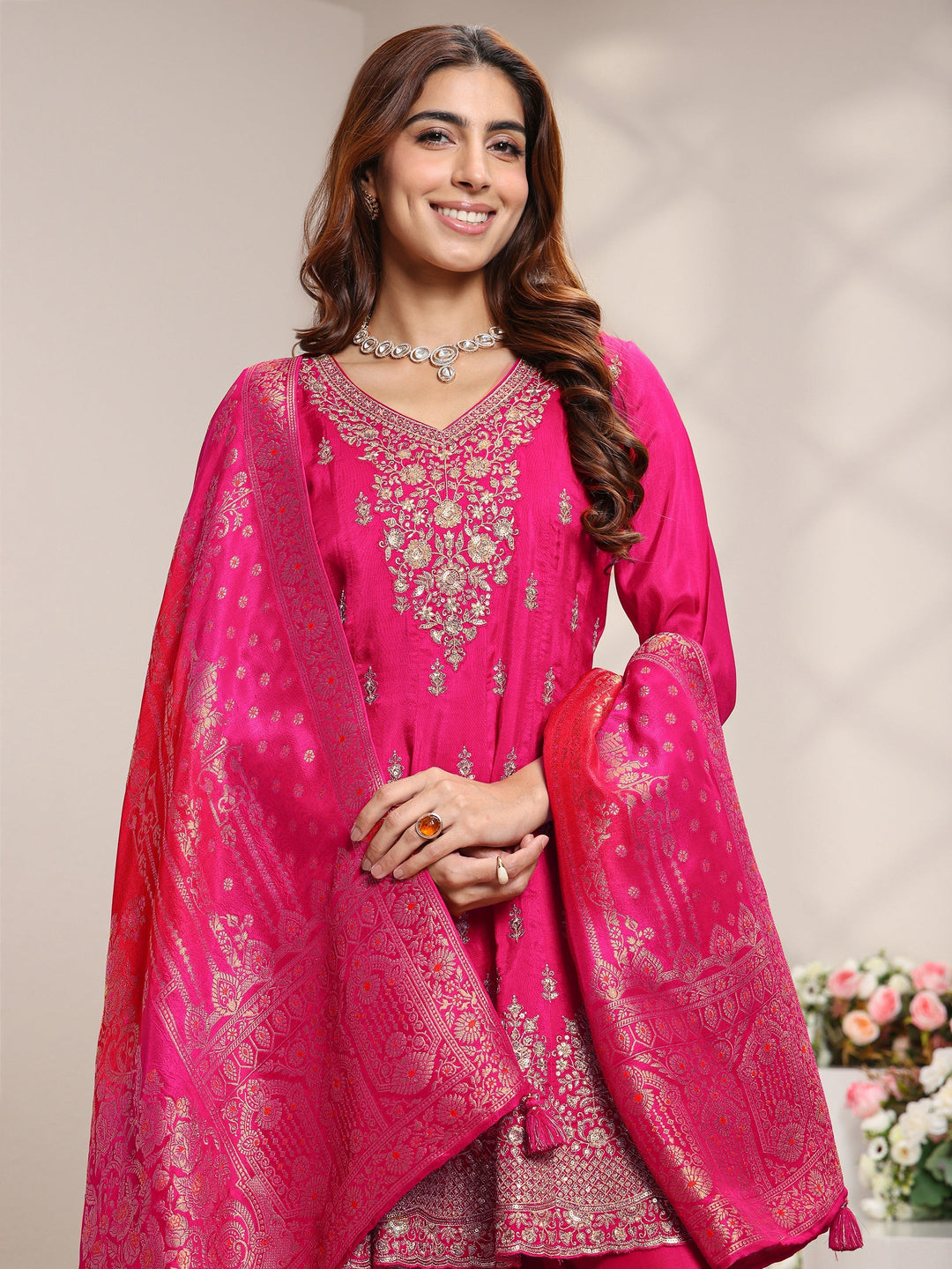 Libas Art Pink Floral Embroidered Silk Blend A-Line Suit Set With Dupatta