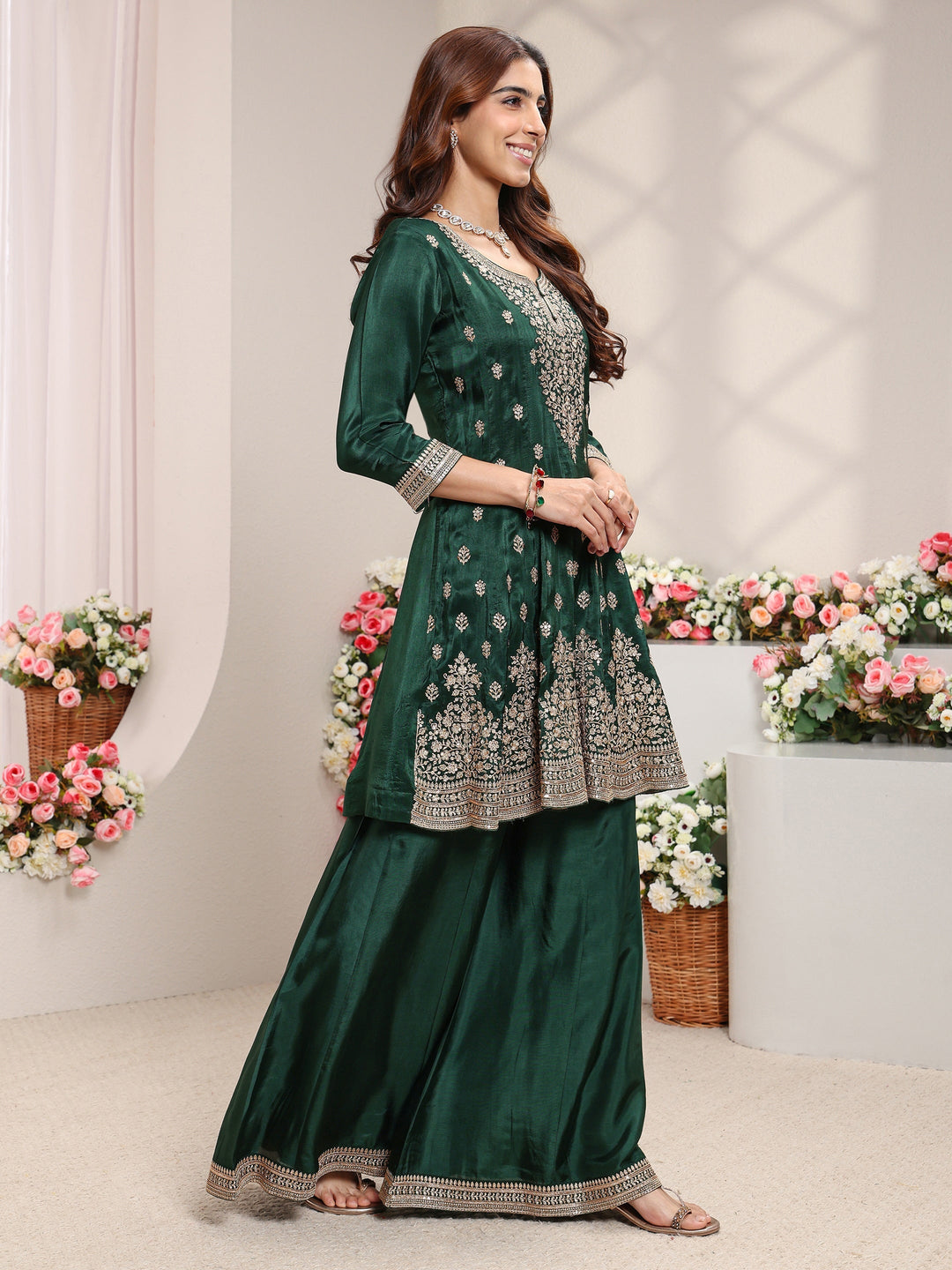 Libas Art Green Floral Embroidered Silk Blend A-Line Suit Set With Dupatta