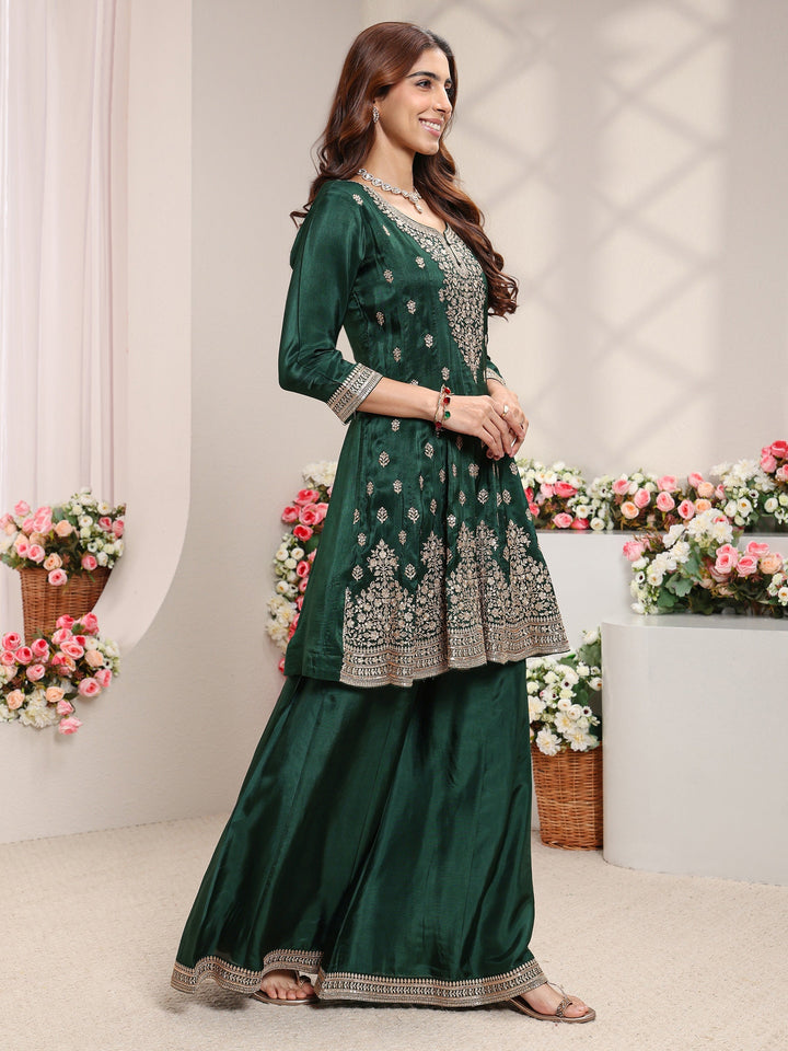 Libas Art Green Floral Embroidered Silk Blend A-Line Suit Set With Dupatta