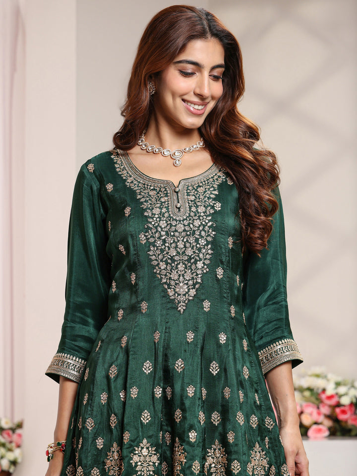 Libas Art Green Floral Embroidered Silk Blend A-Line Suit Set With Dupatta