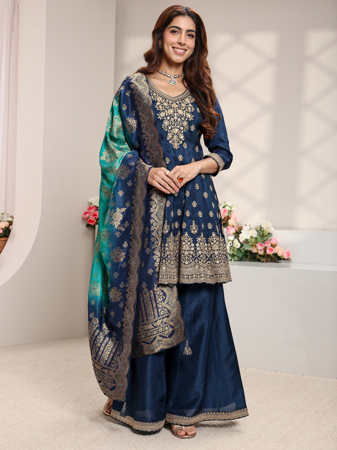 Libas Art Blue Floral Embroidered Silk Blend A-Line Suit Set With Dupatta