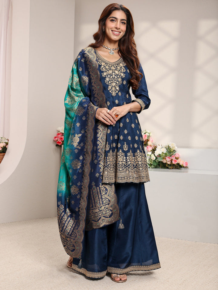 Libas Art Blue Floral Embroidered Silk Blend A-Line Suit Set With Dupatta