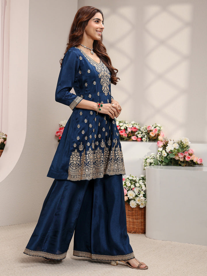 Libas Art Blue Floral Embroidered Silk Blend A-Line Suit Set With Dupatta