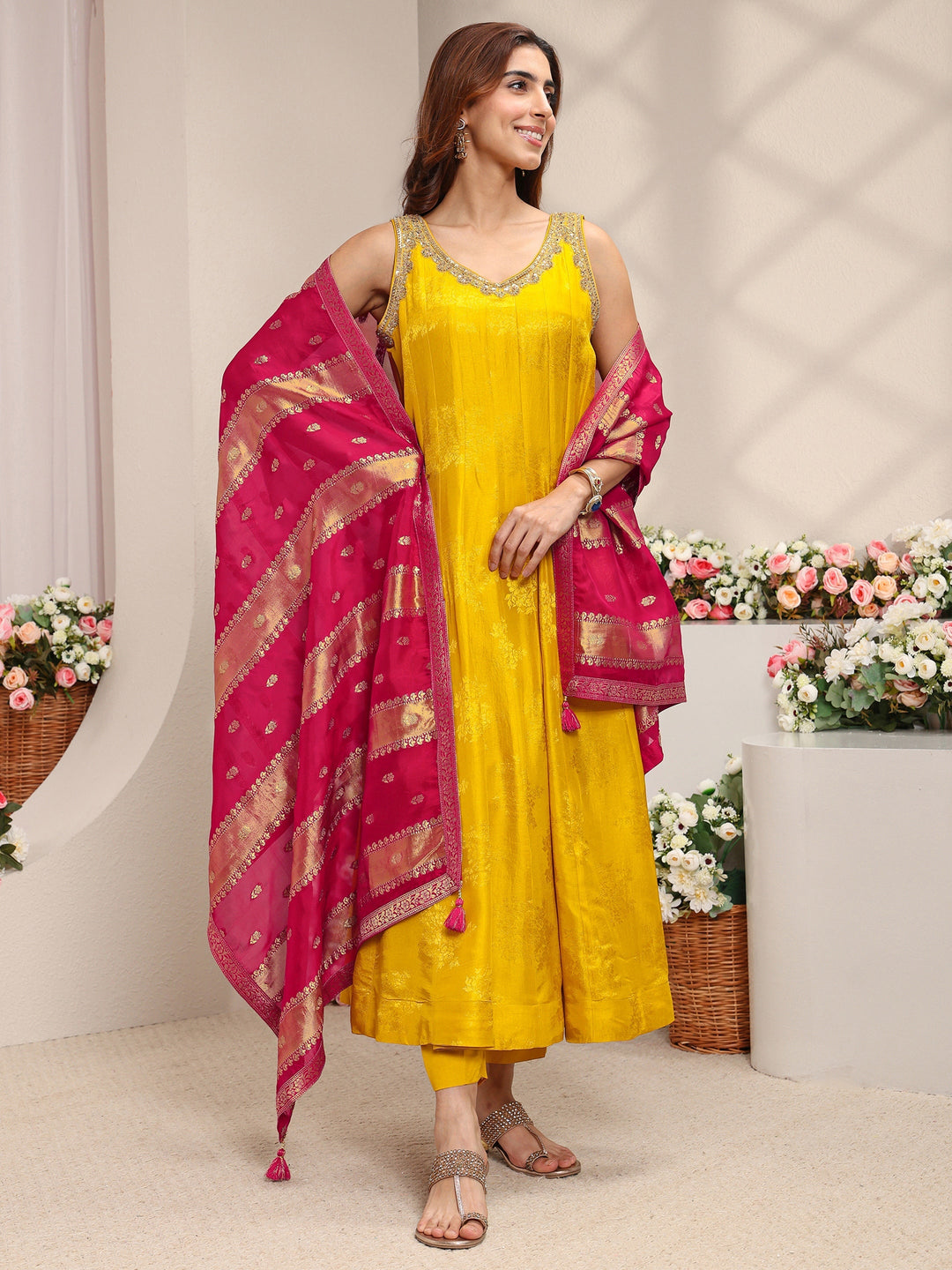 Libas Art Mustard Woven Design Silk Blend A-Line Suit Set With Contrast Dupatta