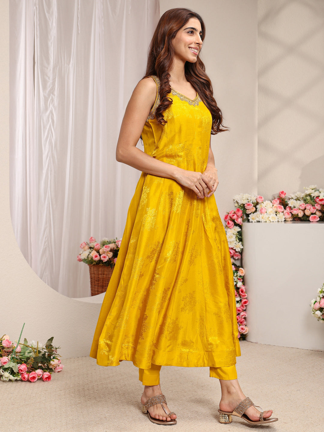 Libas Art Mustard Woven Design Silk Blend A-Line Suit Set With Contrast Dupatta
